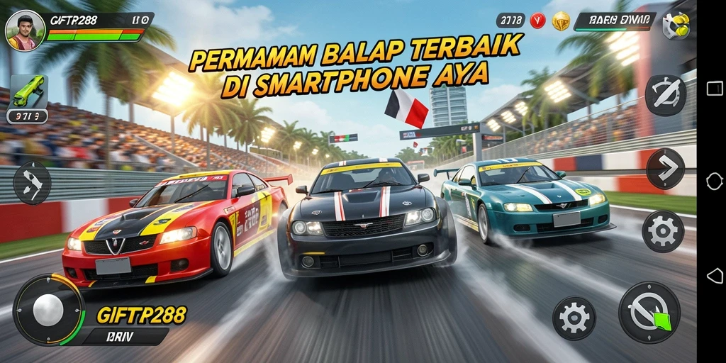 Screenshot menunjukkan gameplay balap yang mendebarkan di GIFTRP288.