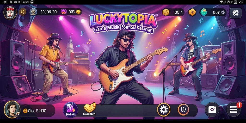 Tampilan gameplay LUCKYTOPIA yang menampilkan ritme dan musik yang dinamis.