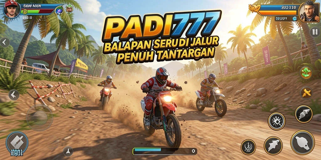 Screenshot gameplay PADI777 menunjukkan mobil balap melaju cepat di jalanan yang menantang.