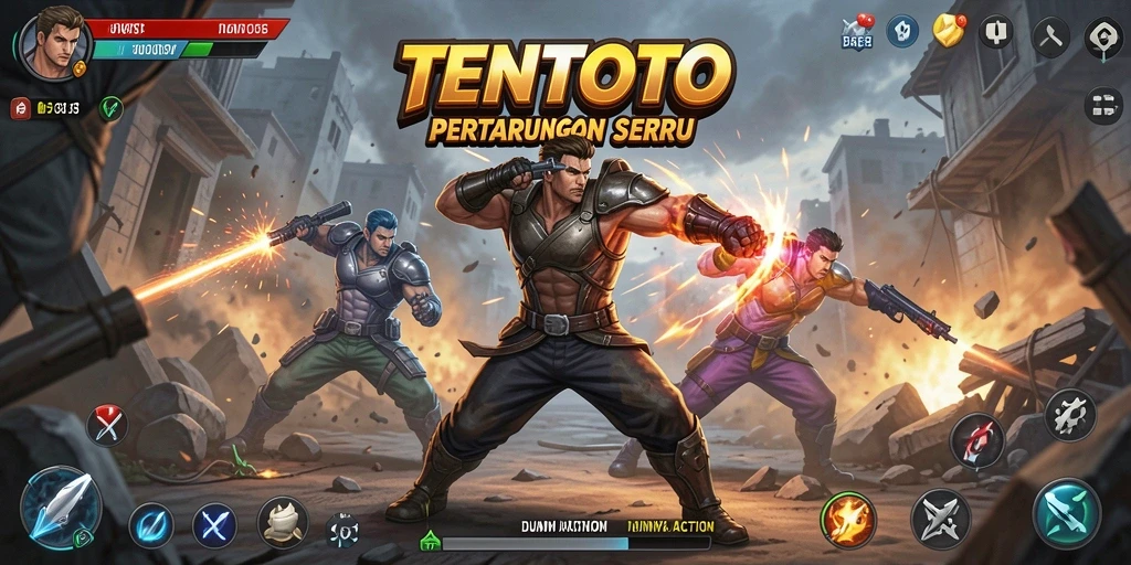 Screenshot TENTOTO menampilkan karakter beraksi di tengah pertempuran yang mendebarkan.